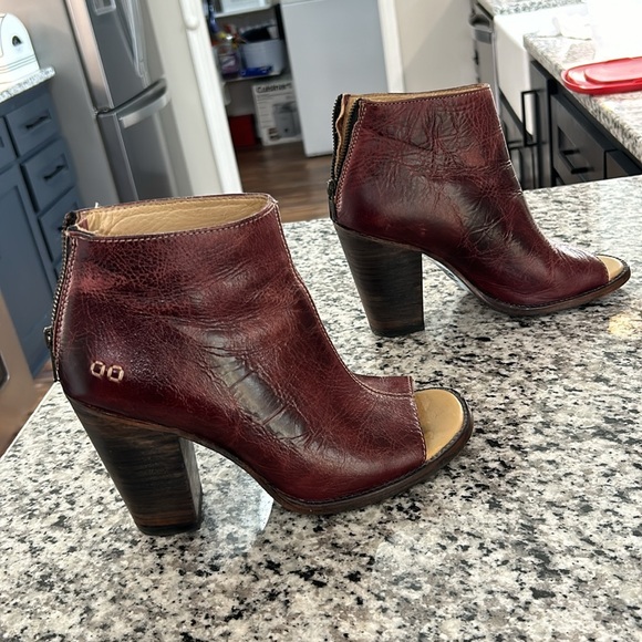 Bed Stu Onset Bootie Womens Size 9 Burgundy Leather Open Toe Block Heel Rustic - Picture 9 of 10